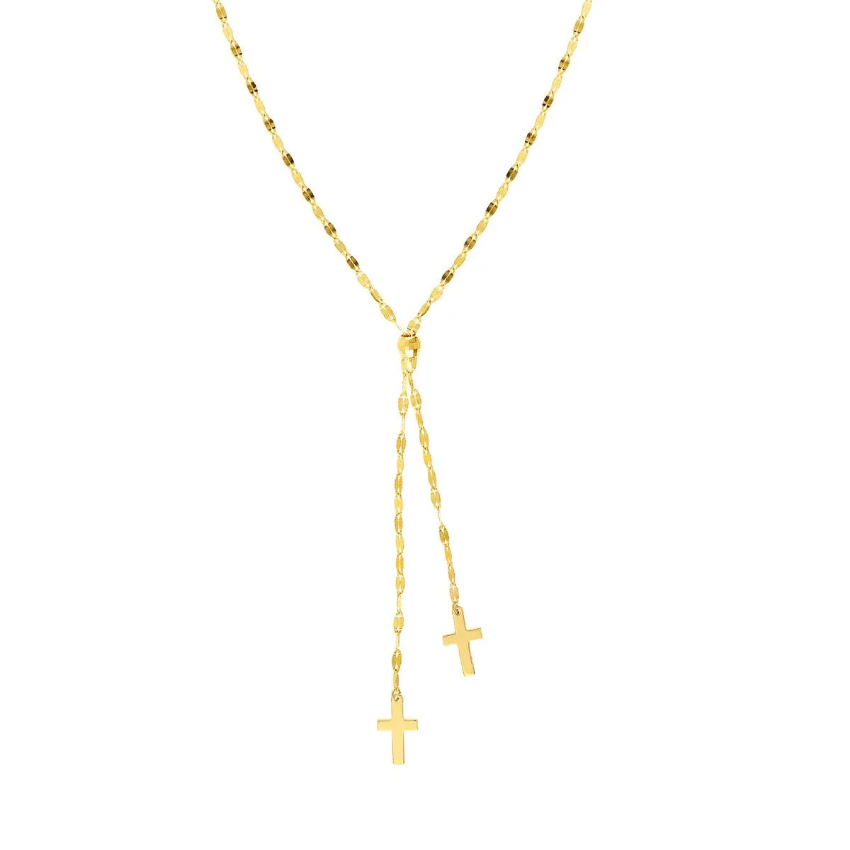 14K Yellow Gold High Polished Crosses Adjustable Lariat Necklace