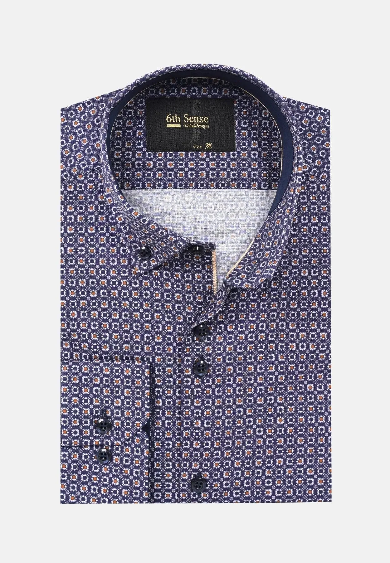 6th Sense BD Long Sleeve Shirt Print O#16- Navy/Orange
