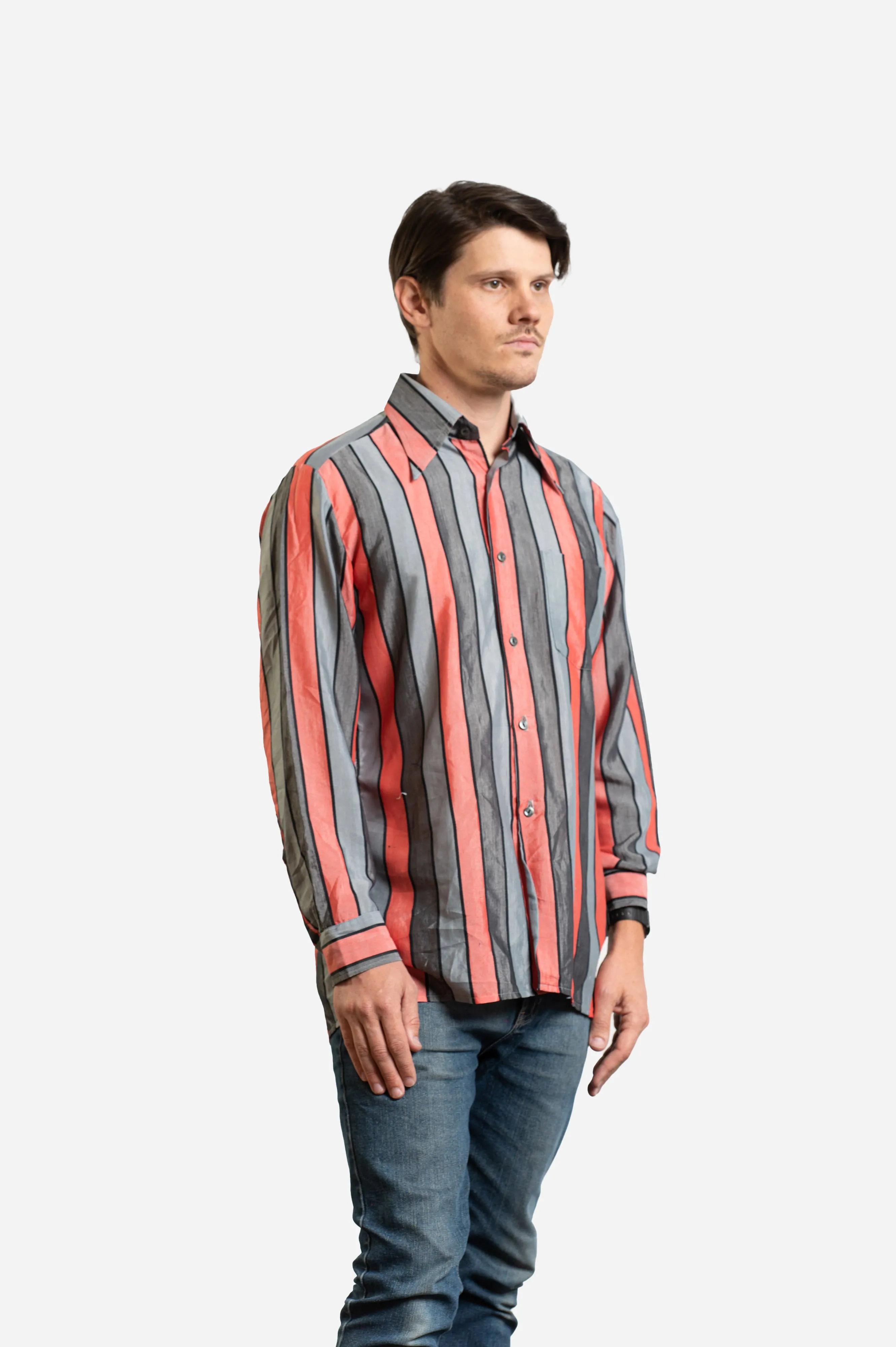 70s Silver Grey Peach Stripe Long Sleeve Shirt