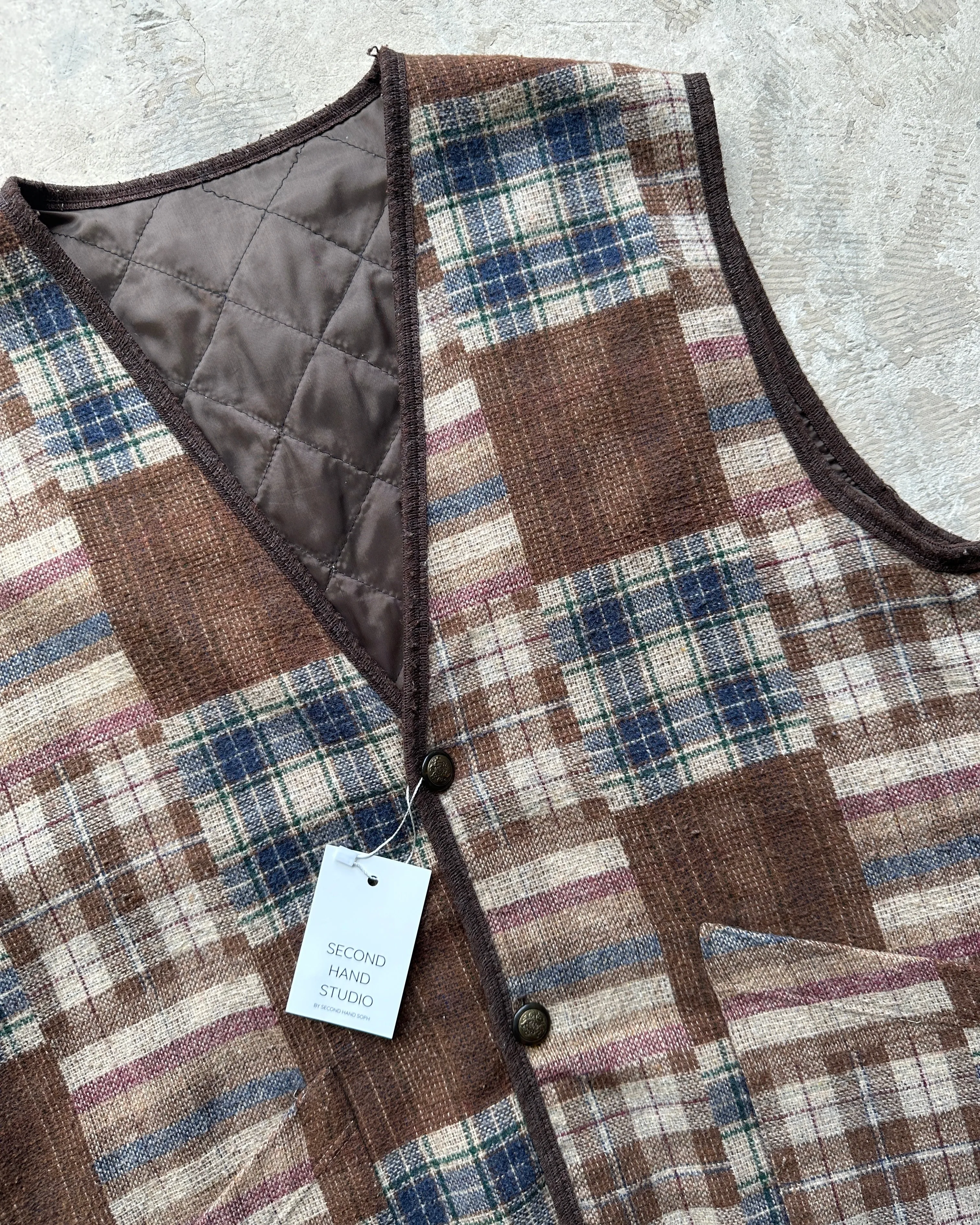 90s Vintage Unisex Wool Check Patchwork Waistcoat - XL