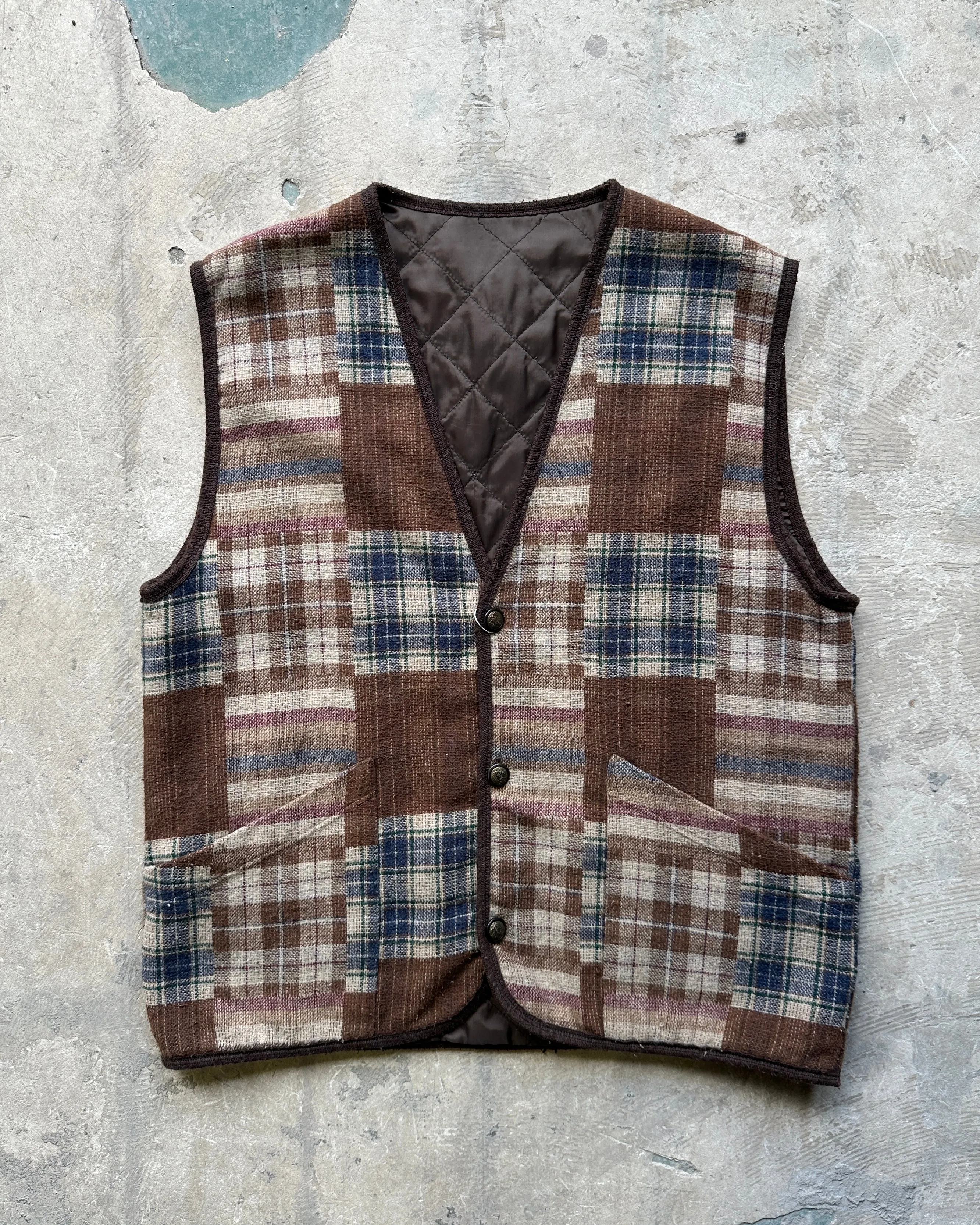 90s Vintage Unisex Wool Check Patchwork Waistcoat - XL
