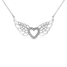 .925 Sterling Silver Pave-Set Diamond Accent Fairy Wing 18" Heart Pendant Necklace (I-J Color, I1-I2 Clarity)
