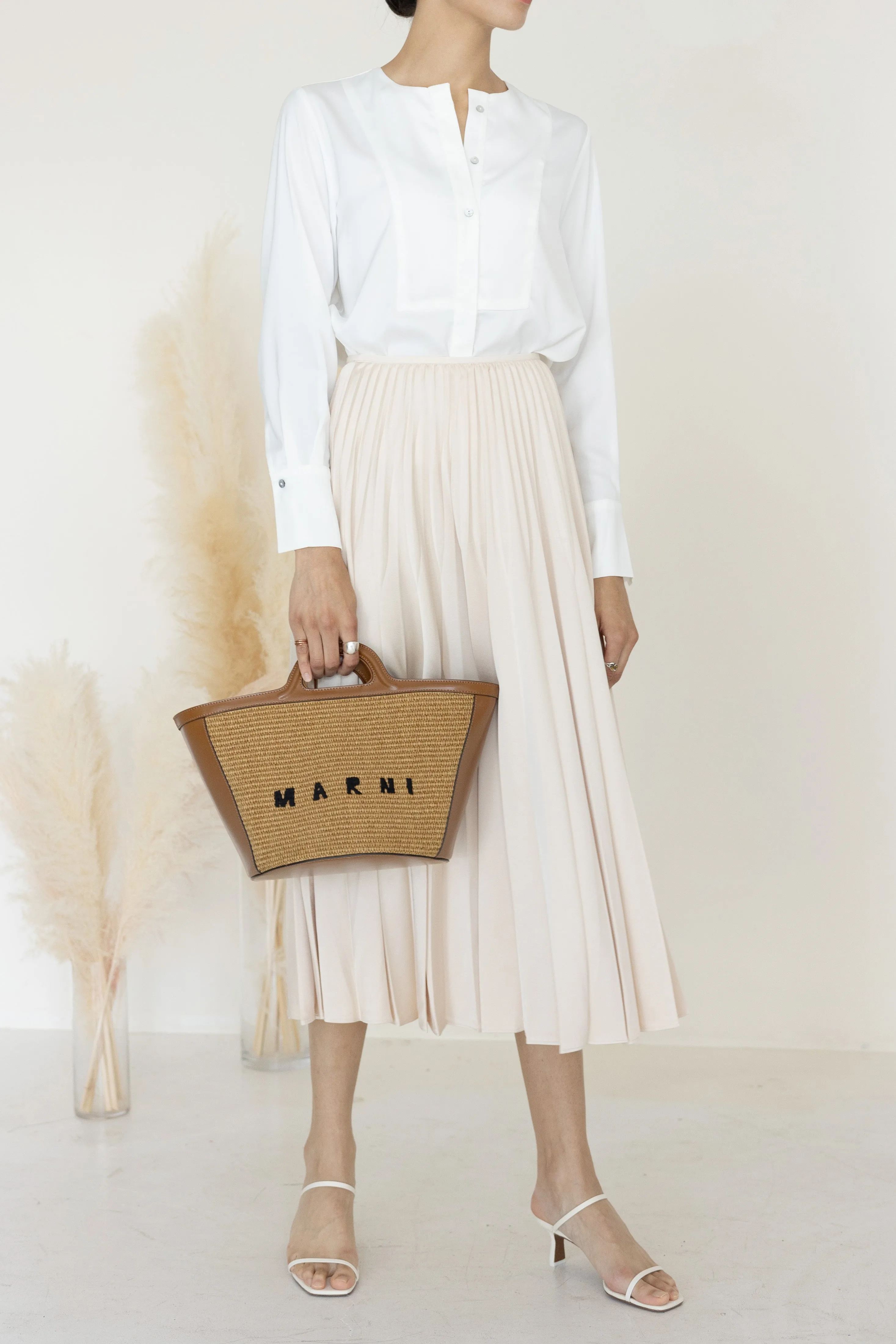 A-Line Pleated Midi Skirt Nude