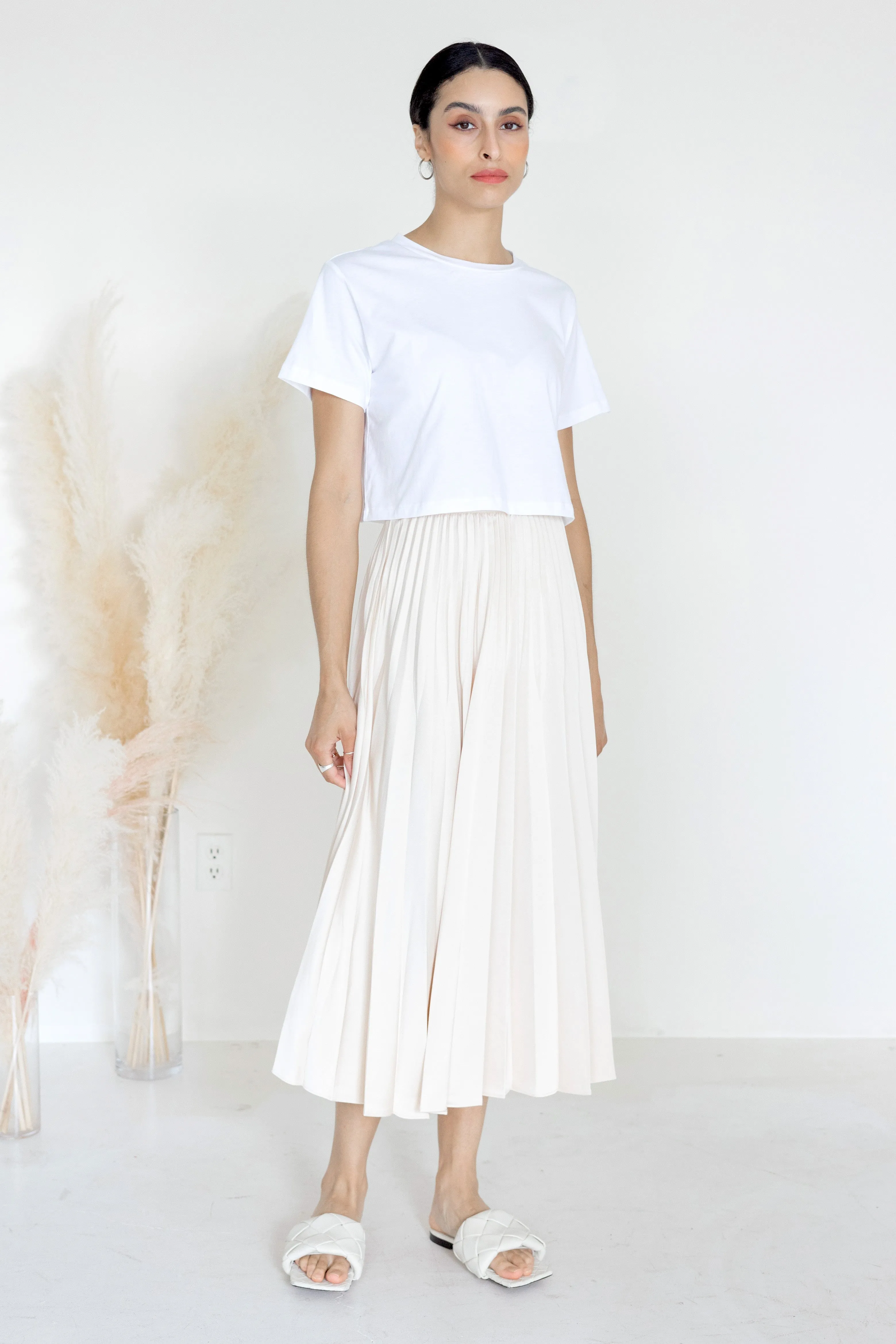 A-Line Pleated Midi Skirt Nude