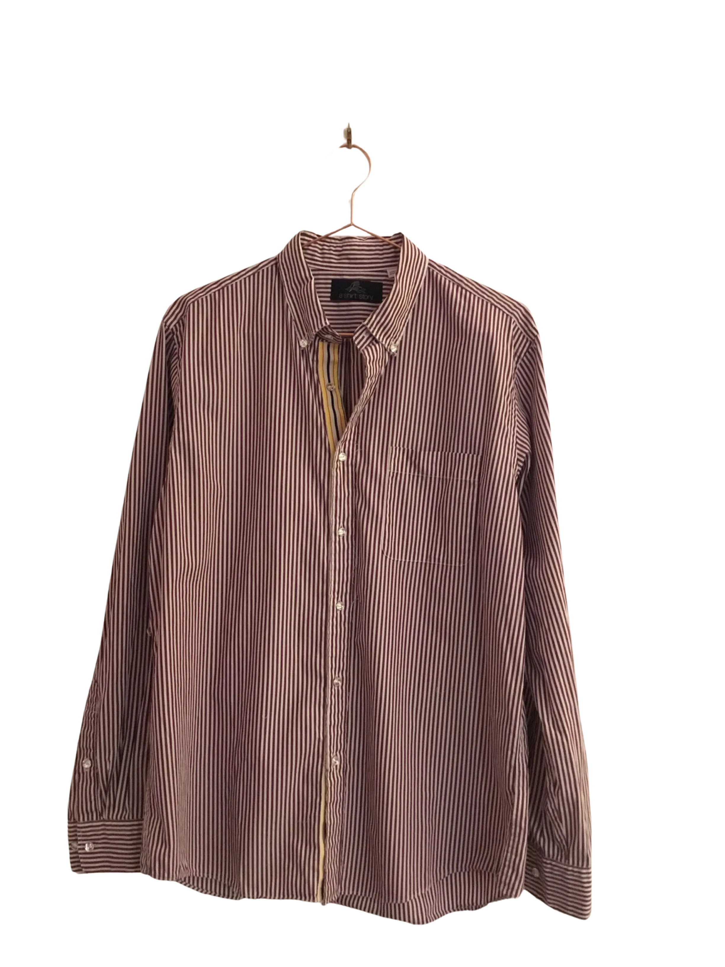 A Shirt Story: Dark Red and White Striped Button Down with Yellow and Navy Striped Ribbon