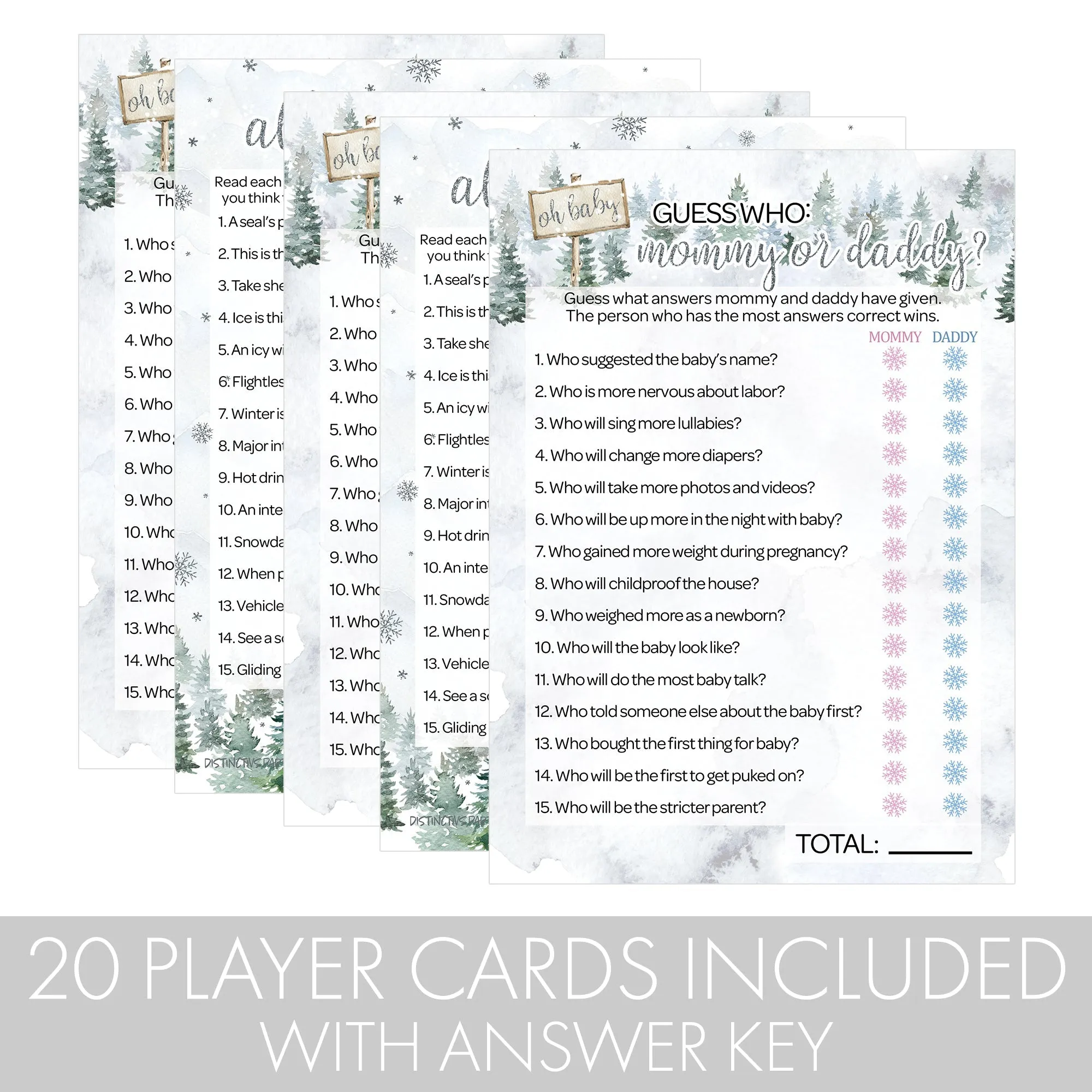 Baby It's Cold Outside Evergreen: Winter Baby Shower Game - "Guess Who" Mommy or Daddy and All Things Winter- Two Game Bundle - 20 Dual Sided Cards