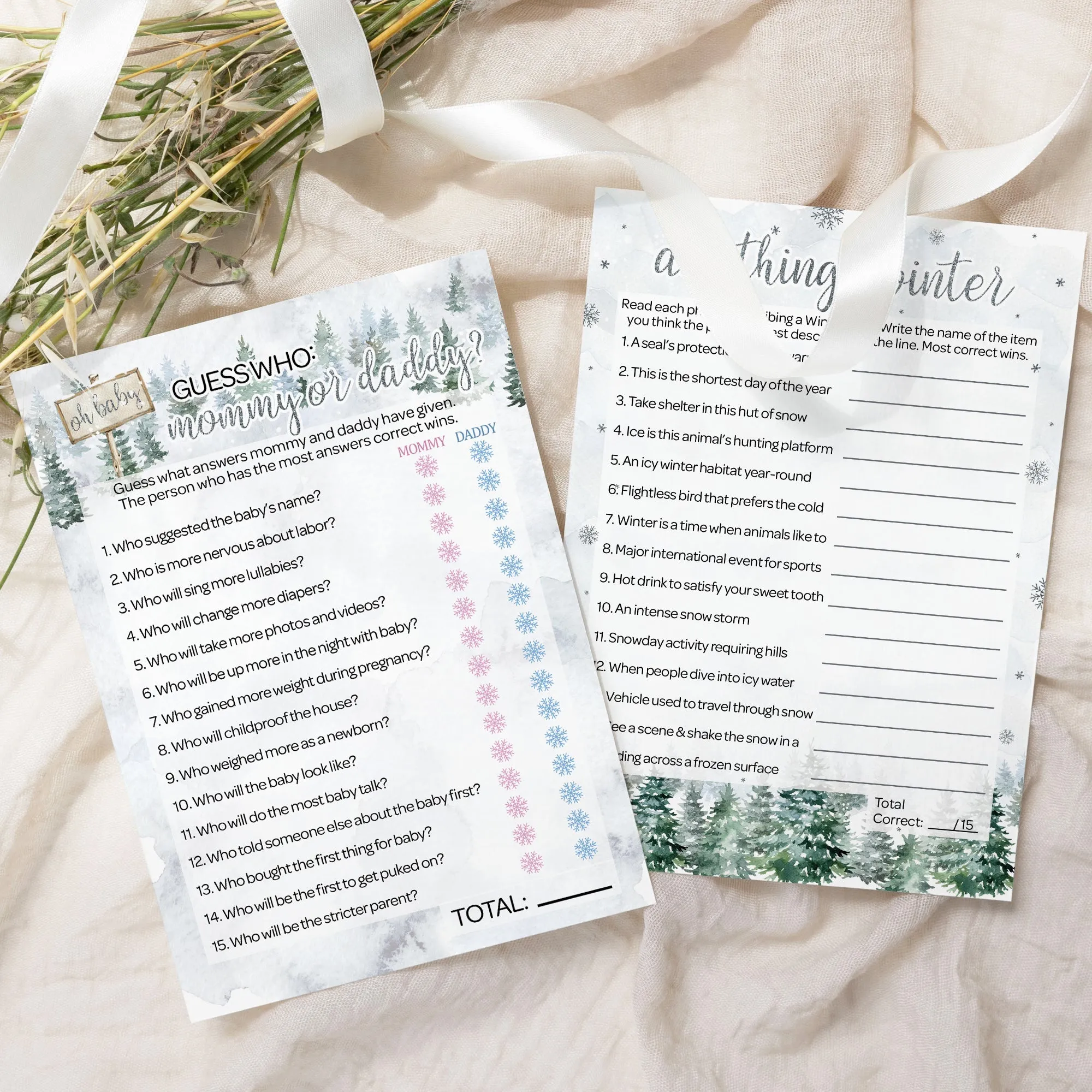 Baby It's Cold Outside Evergreen: Winter Baby Shower Game - "Guess Who" Mommy or Daddy and All Things Winter- Two Game Bundle - 20 Dual Sided Cards