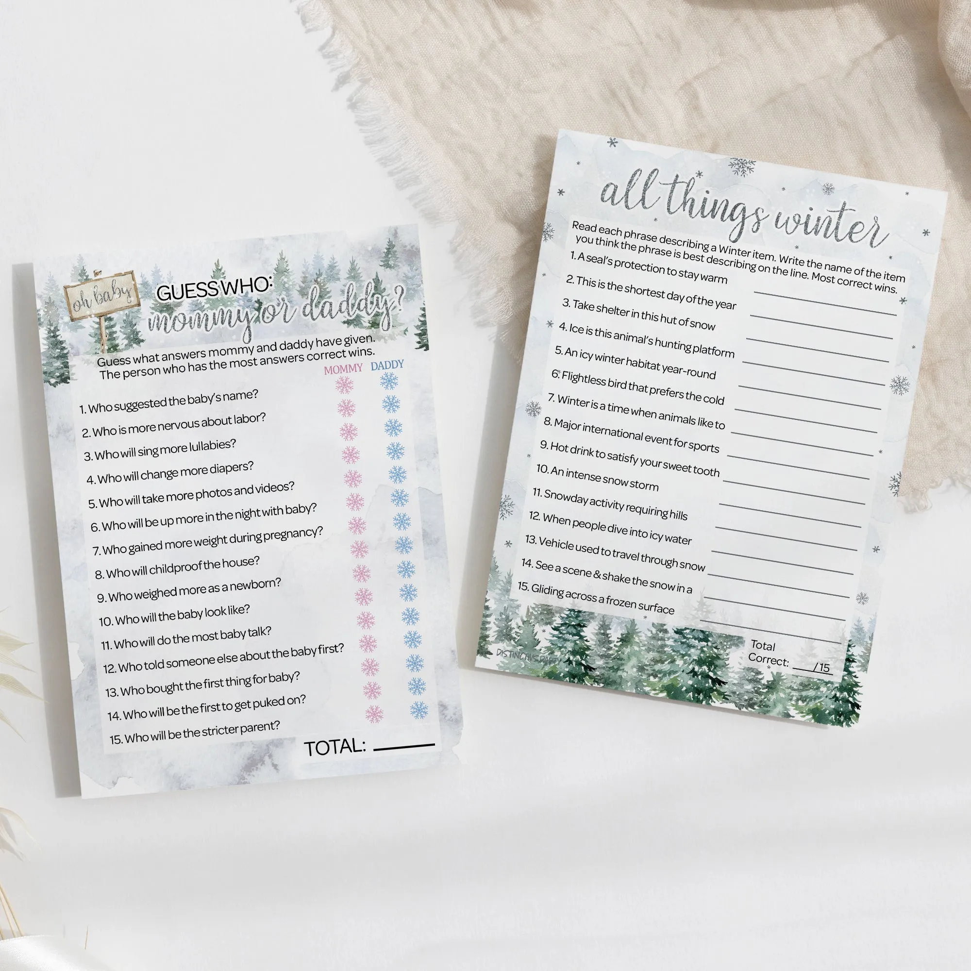Baby It's Cold Outside Evergreen: Winter Baby Shower Game - "Guess Who" Mommy or Daddy and All Things Winter- Two Game Bundle - 20 Dual Sided Cards