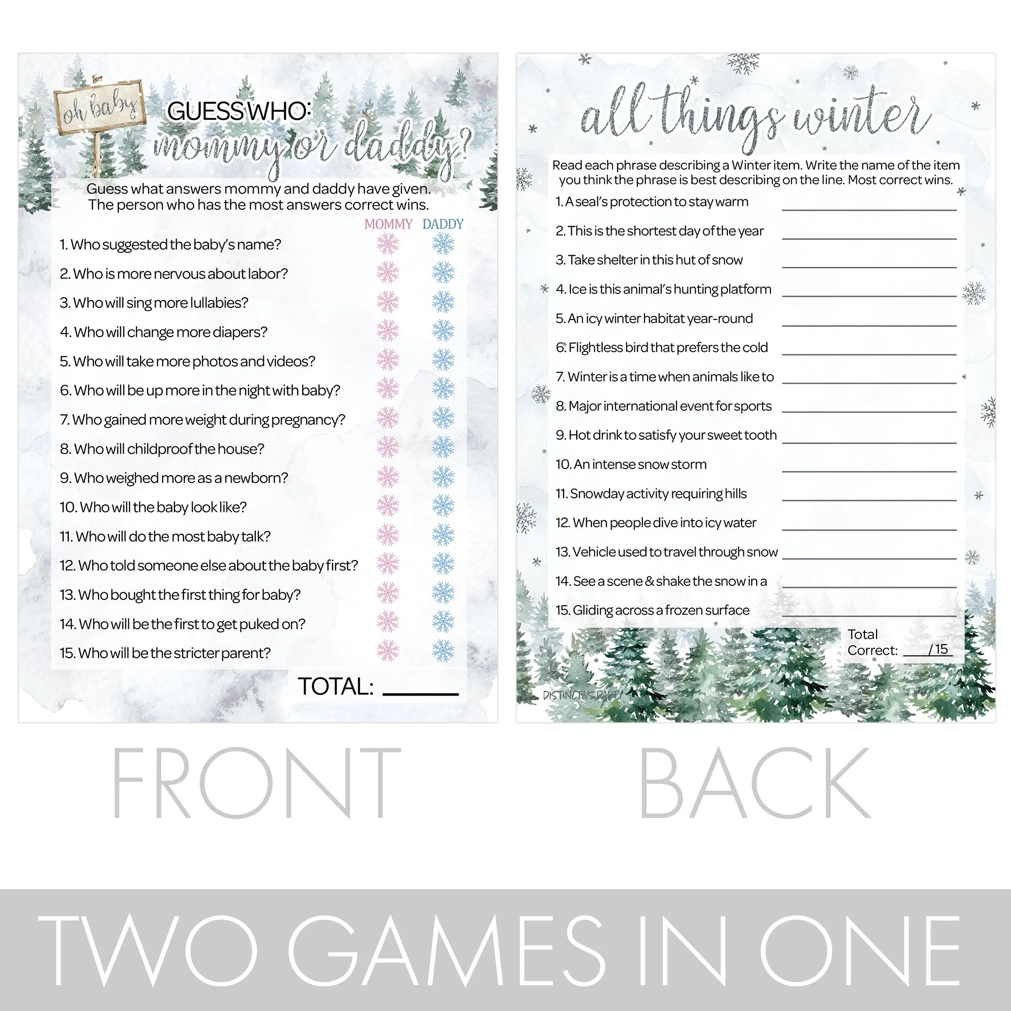 Baby It's Cold Outside Evergreen: Winter Baby Shower Game - "Guess Who" Mommy or Daddy and All Things Winter- Two Game Bundle - 20 Dual Sided Cards