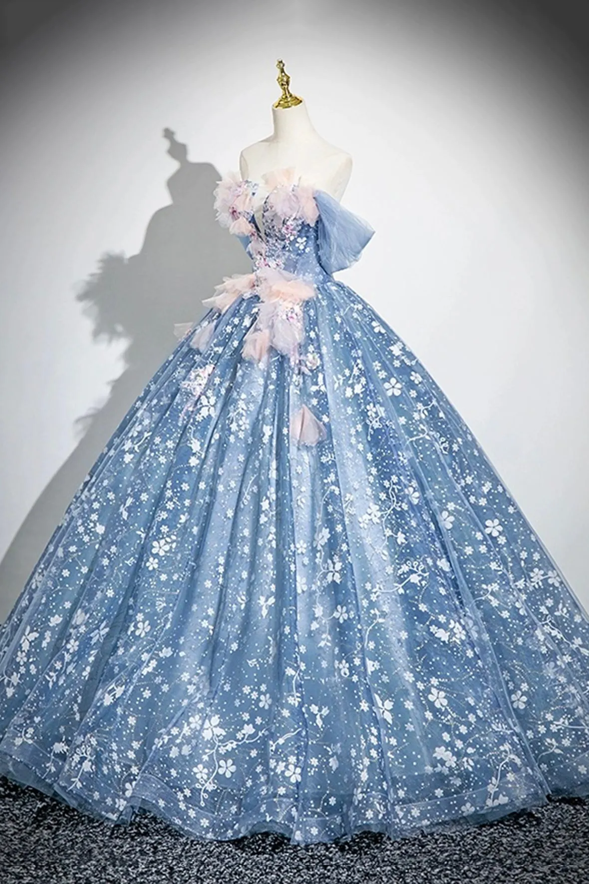 Beautiful Flower Fairy Tulle Long Formal Dress, Blue Off the Shoulder Party Dress
