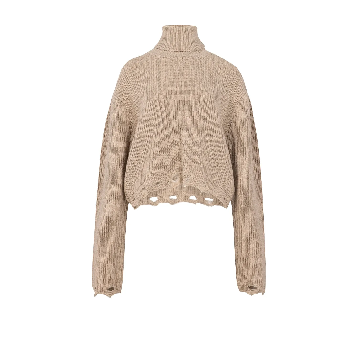Beige Distressed Turtleneck Sweater