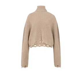 Beige Distressed Turtleneck Sweater