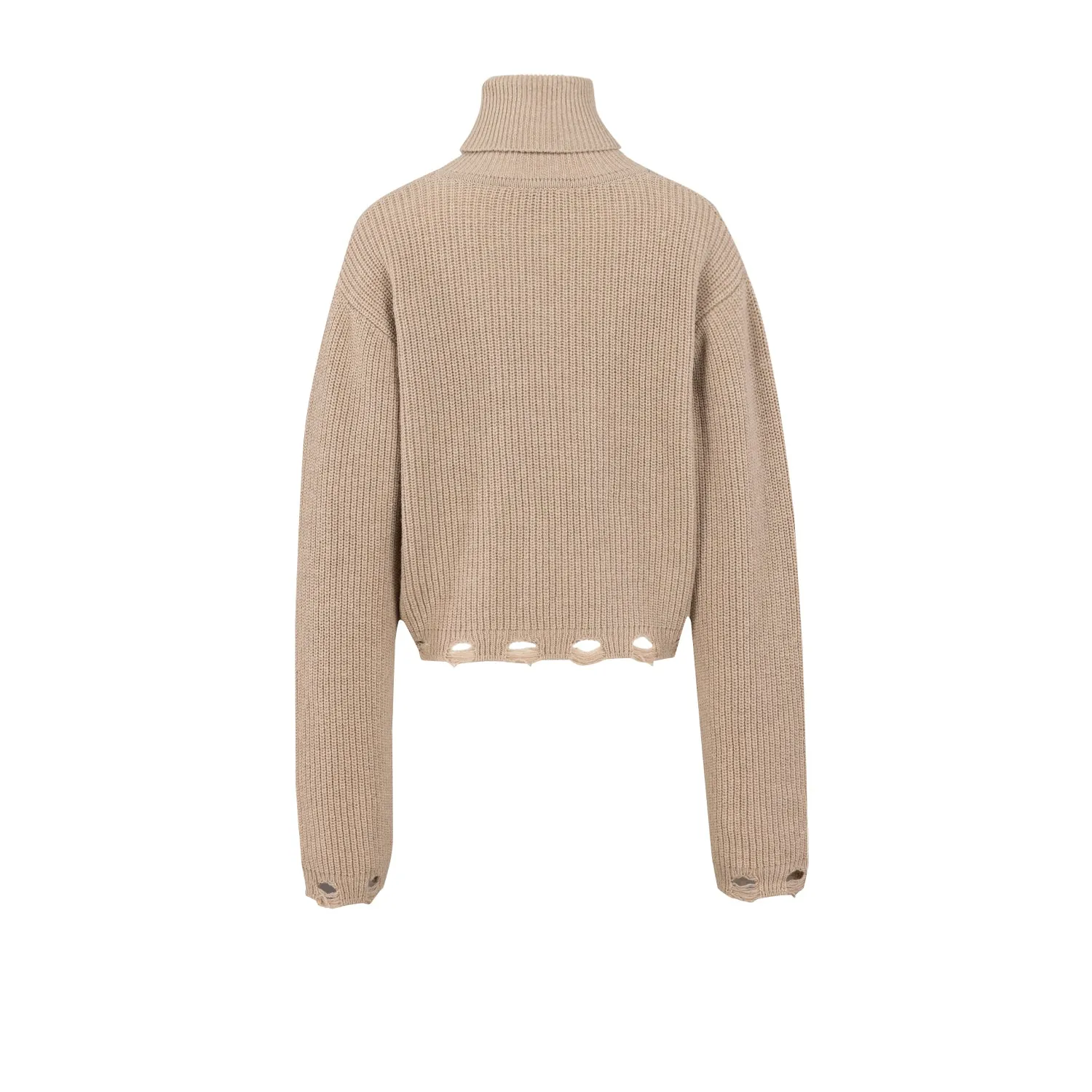 Beige Distressed Turtleneck Sweater