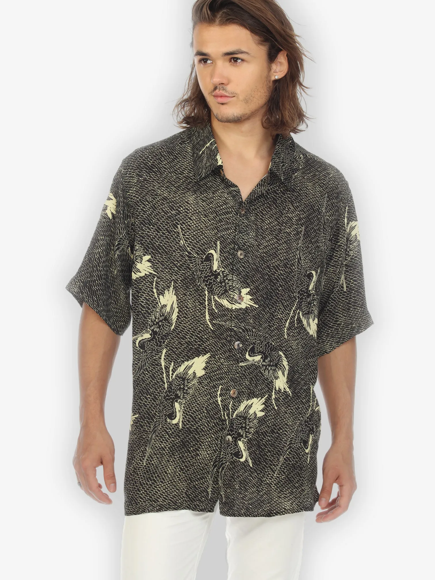Black Crane Citron Men’s Silk Shirt