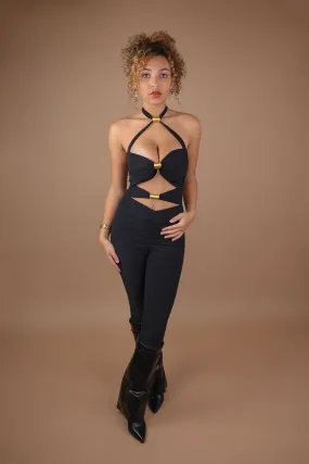 Black Halter Neck Gold Twist Detail Jumpsuit