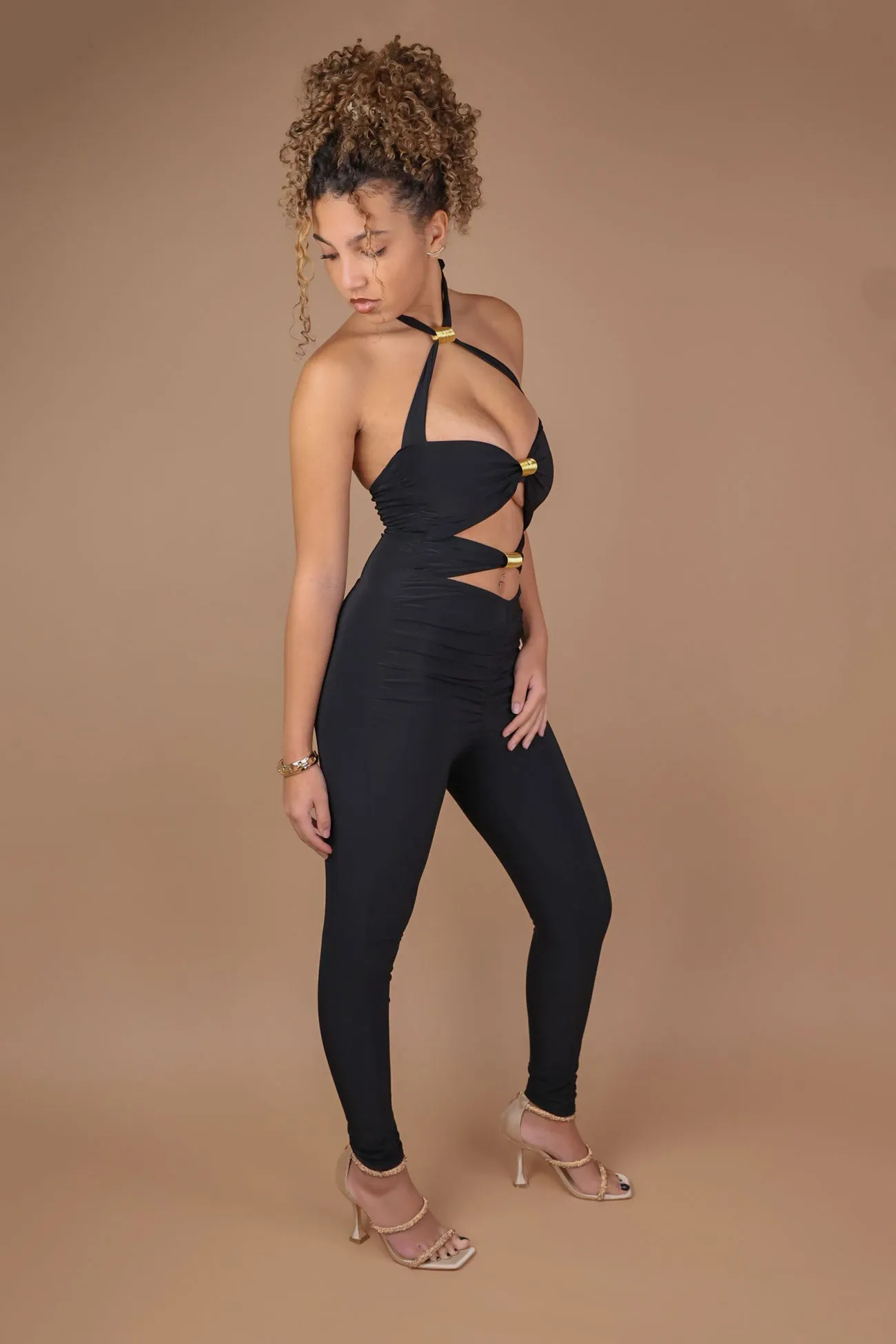 Black Halter Neck Gold Twist Detail Jumpsuit