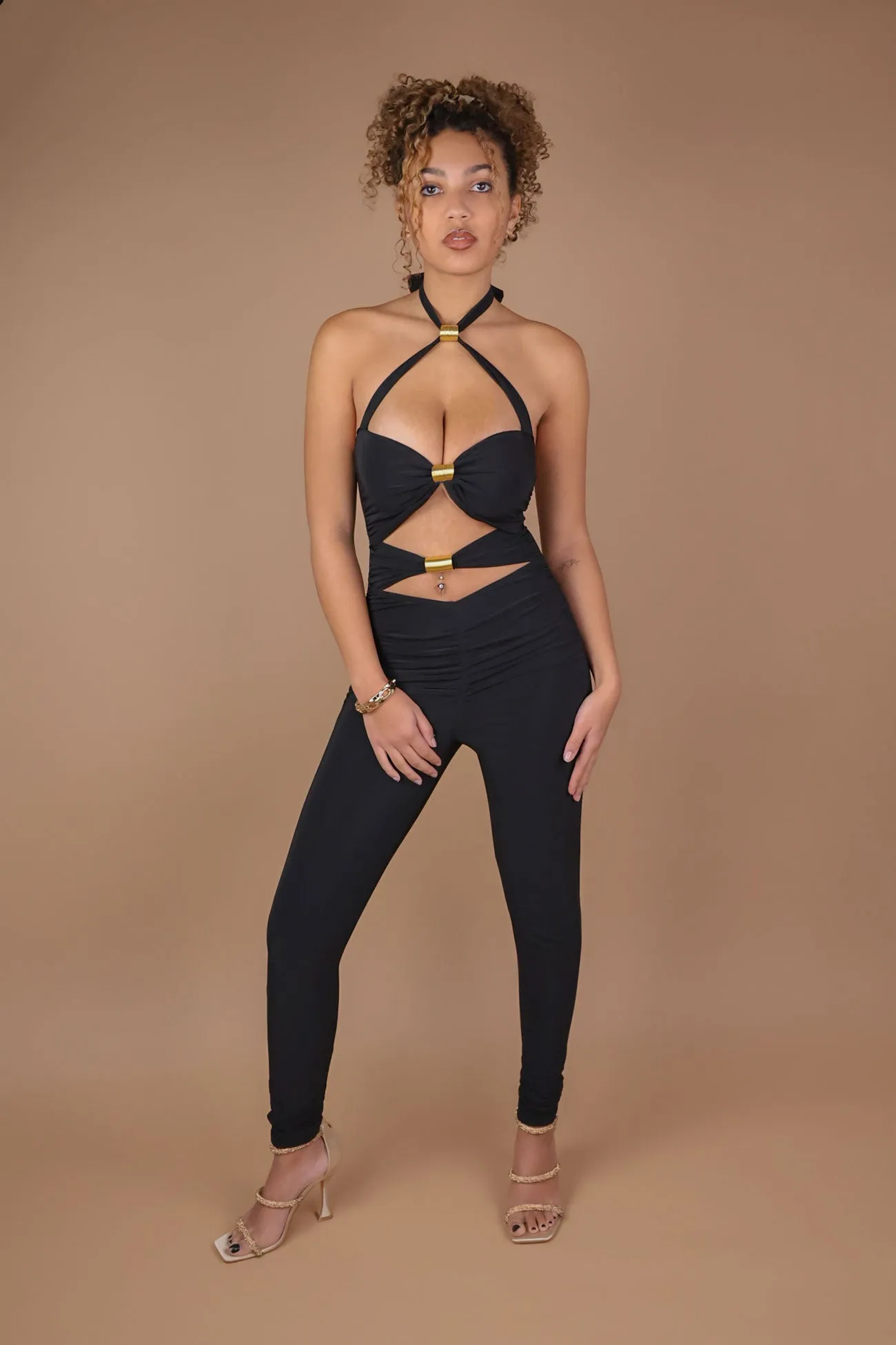 Black Halter Neck Gold Twist Detail Jumpsuit