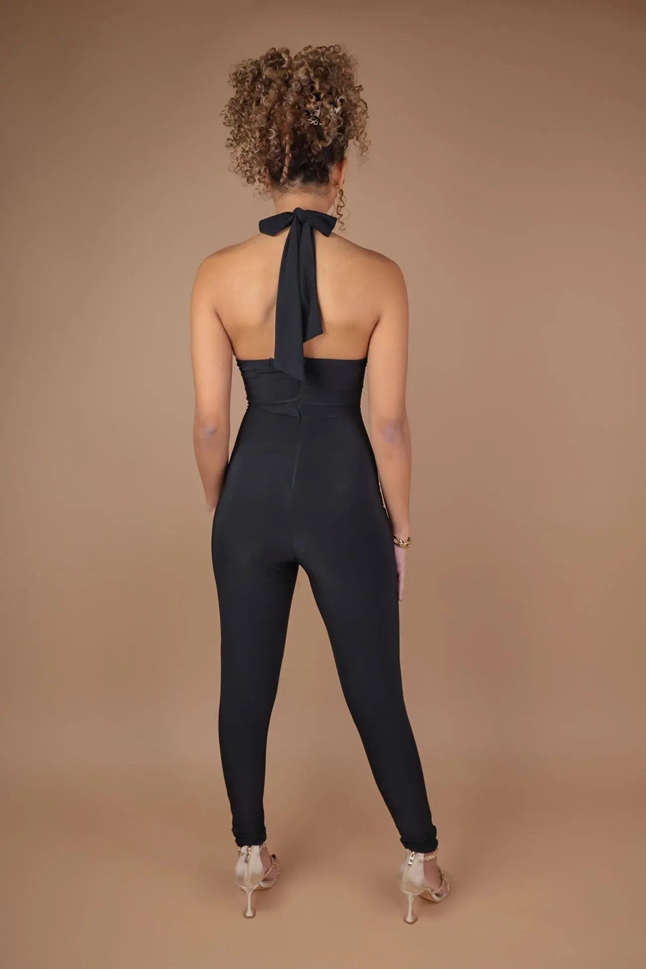 Black Halter Neck Gold Twist Detail Jumpsuit