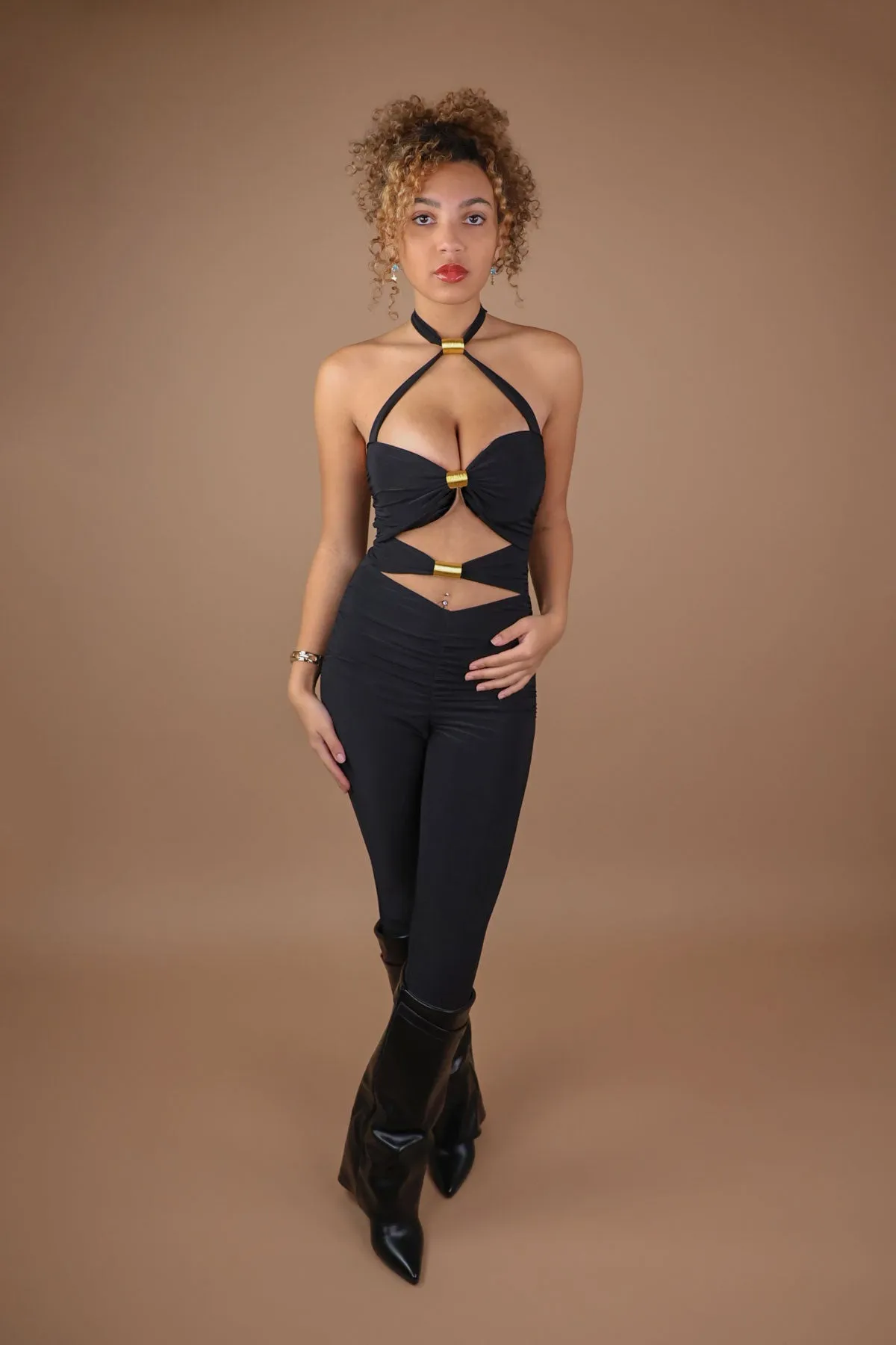 Black Halter Neck Gold Twist Detail Jumpsuit