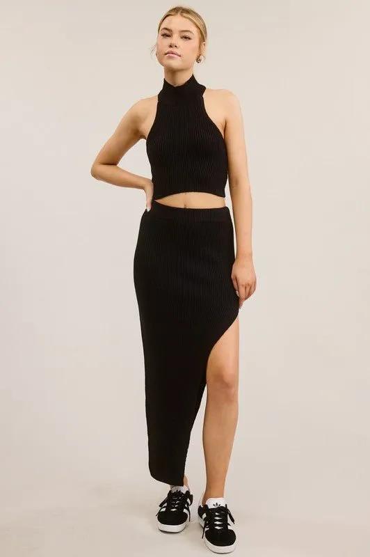 Black Halter Top Side Slit Midi Skirt Set
