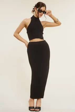 Black Halter Top Side Slit Midi Skirt Set