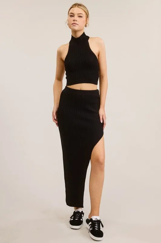 Black Halter Top Side Slit Midi Skirt Set