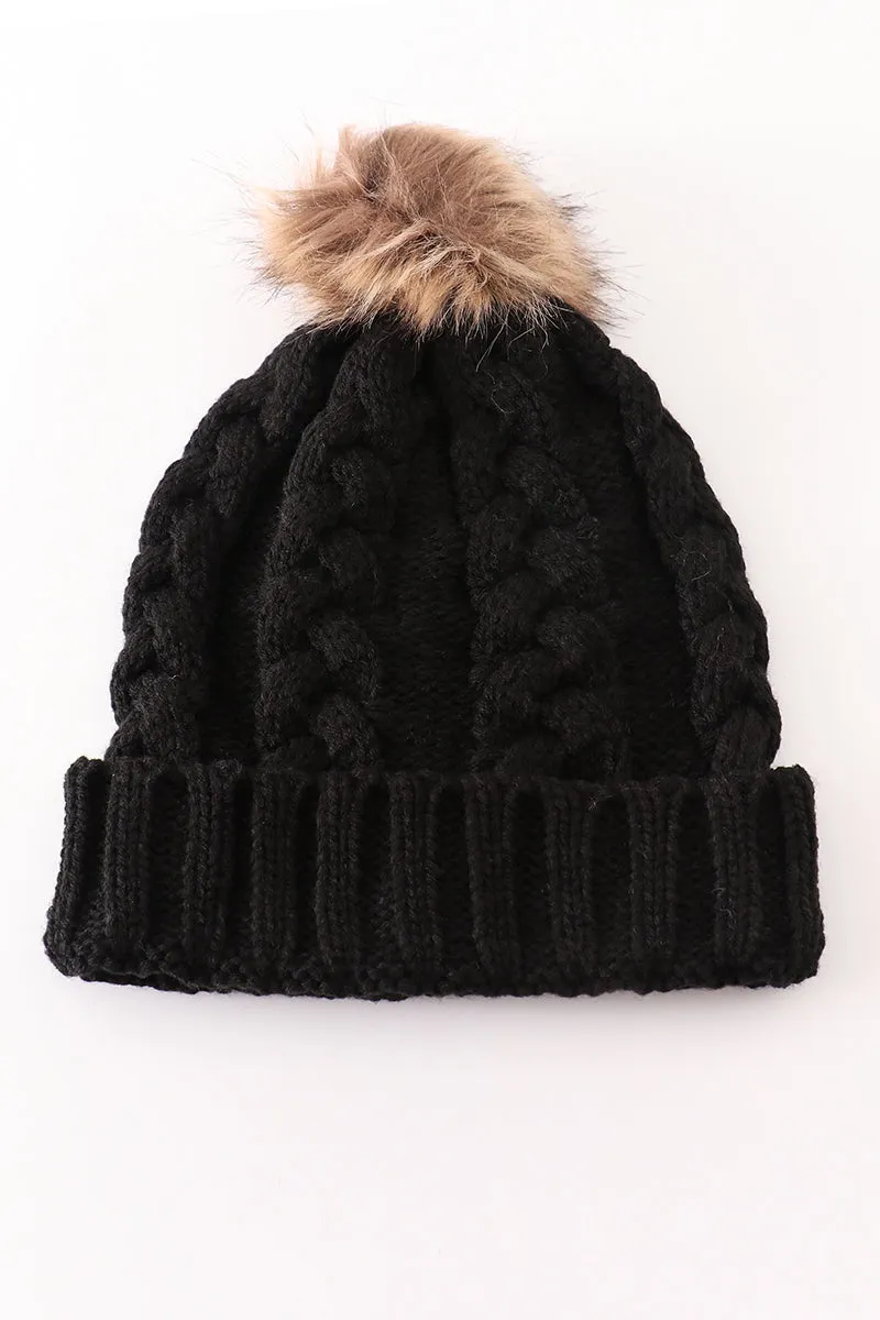 Black pompom cable beanie