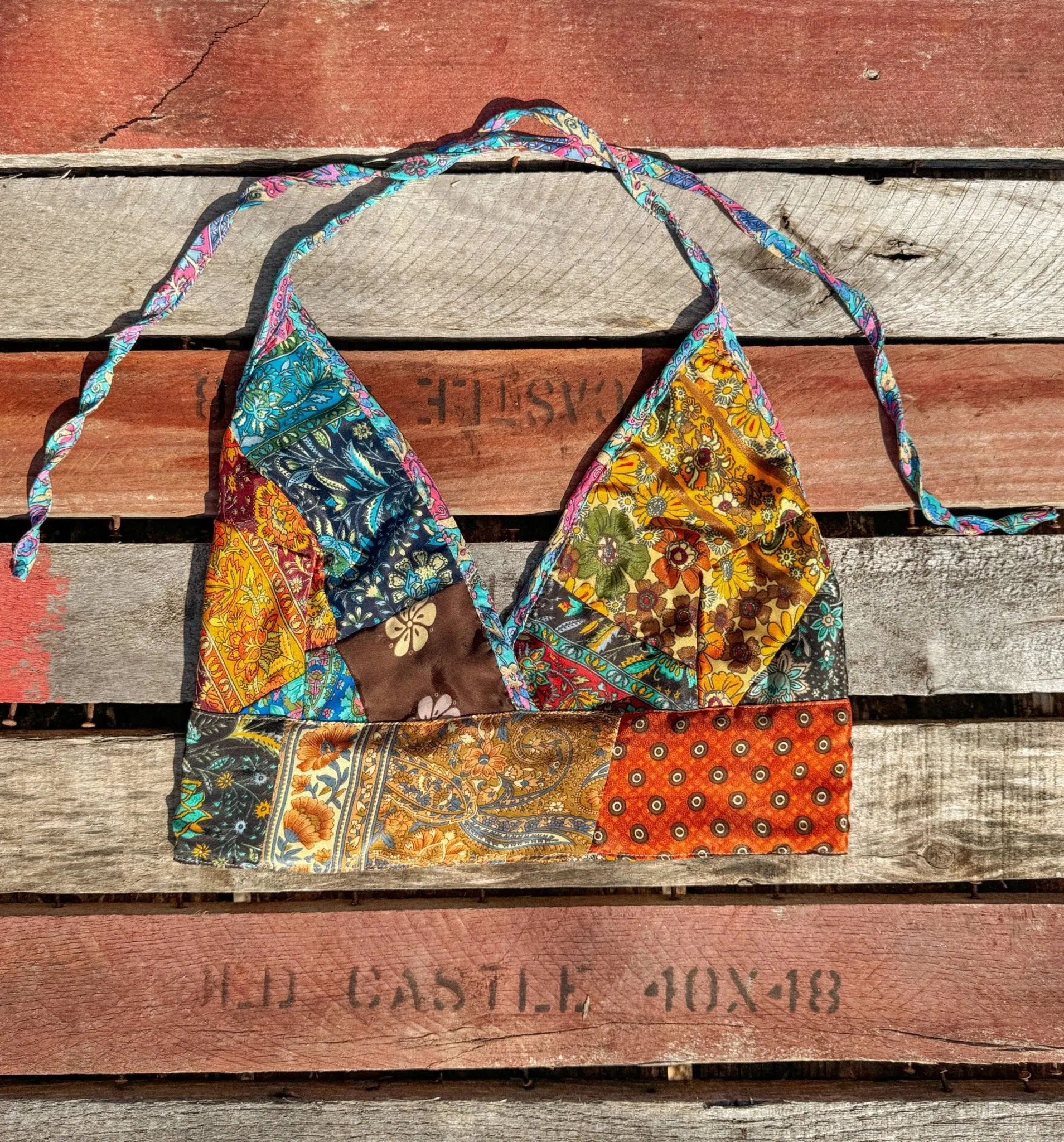 Boho Hippie Recycled Patchwork Silk Bralette - Only size 2/3X left