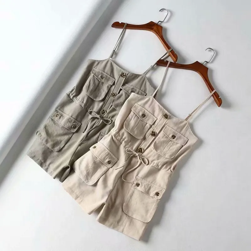 Boho Jumpsuit, Boho Romper, Safari Jumpsuit, Strappy in Bege and Vines Green