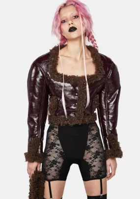 Brown Patent Leather And Faux Fur Double Sided Cropped Coat