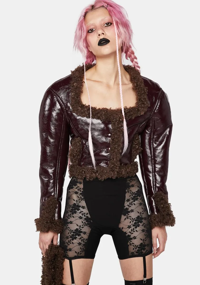 Brown Patent Leather And Faux Fur Double Sided Cropped Coat