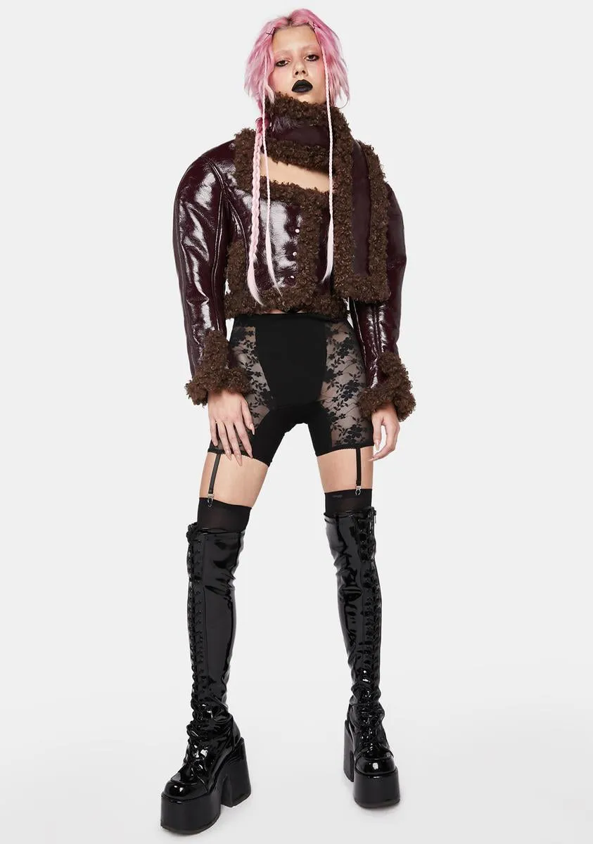 Brown Patent Leather And Faux Fur Double Sided Cropped Coat