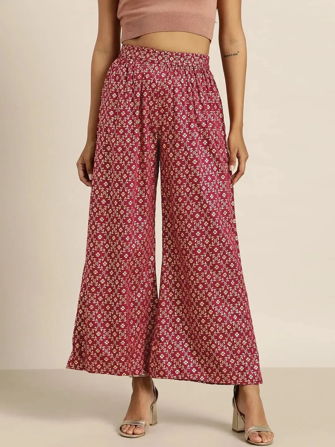 Burgundy Foil Print Flared Liva Pants