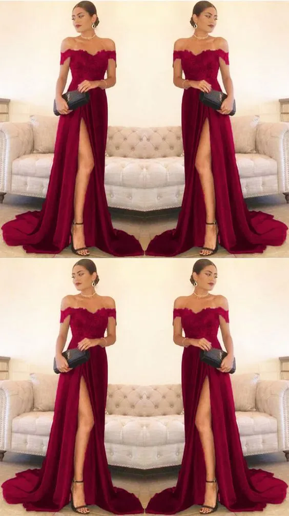 Burgundy Lace Top Prom Dress with Slit Long Formal Gown