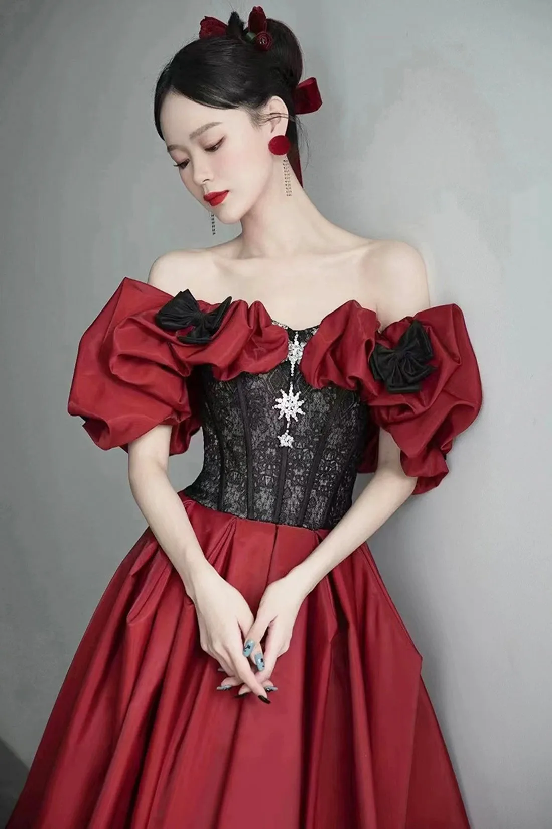 Burgundy Satin and Black Lace Floor Length Prom Dress, Off the Shoulder Evening Party Dress