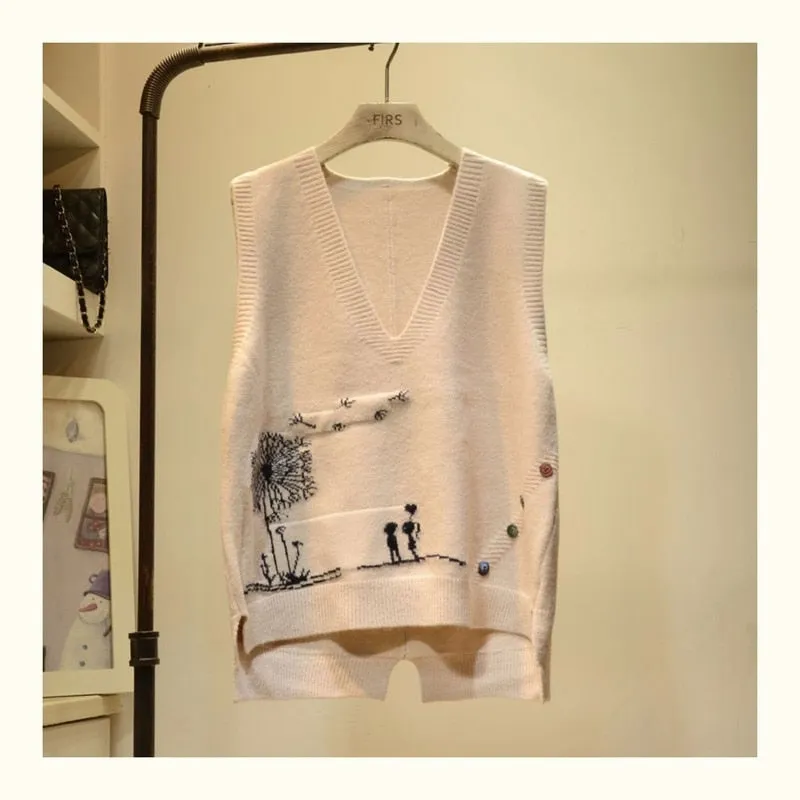 Cartoon Printed V-Neck Sleeveless Sweater Vest