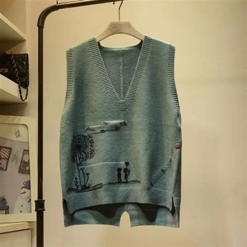 Cartoon Printed V-Neck Sleeveless Sweater Vest