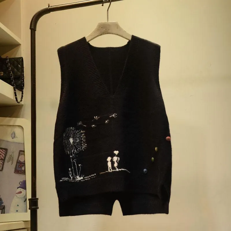 Cartoon Printed V-Neck Sleeveless Sweater Vest