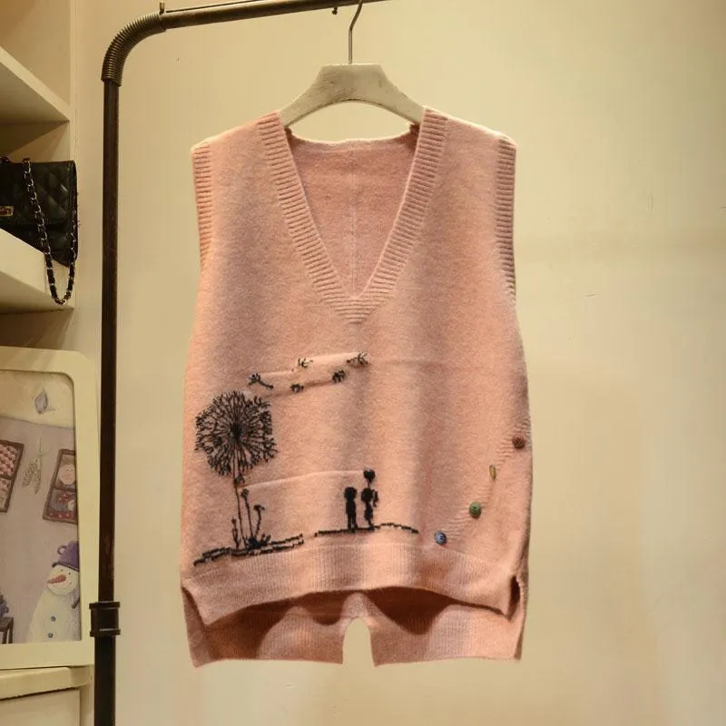 Cartoon Printed V-Neck Sleeveless Sweater Vest