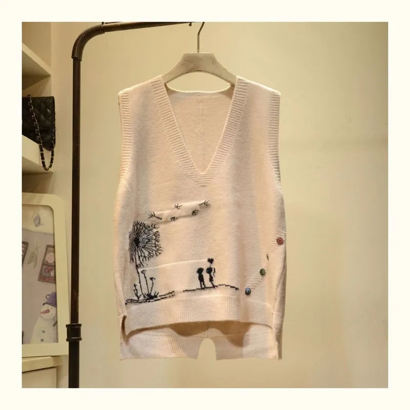 Cartoon Printed V-Neck Sleeveless Sweater Vest