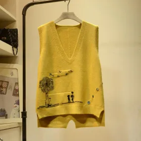 Cartoon Printed V-Neck Sleeveless Sweater Vest