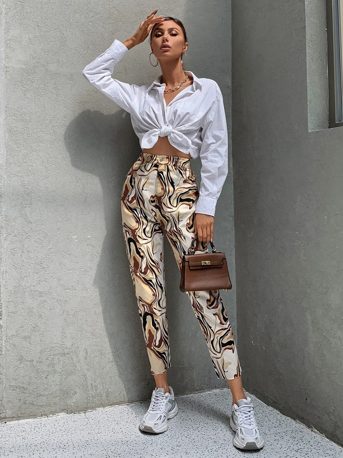 Casual Marble Button High Waist Cropped Women Pants