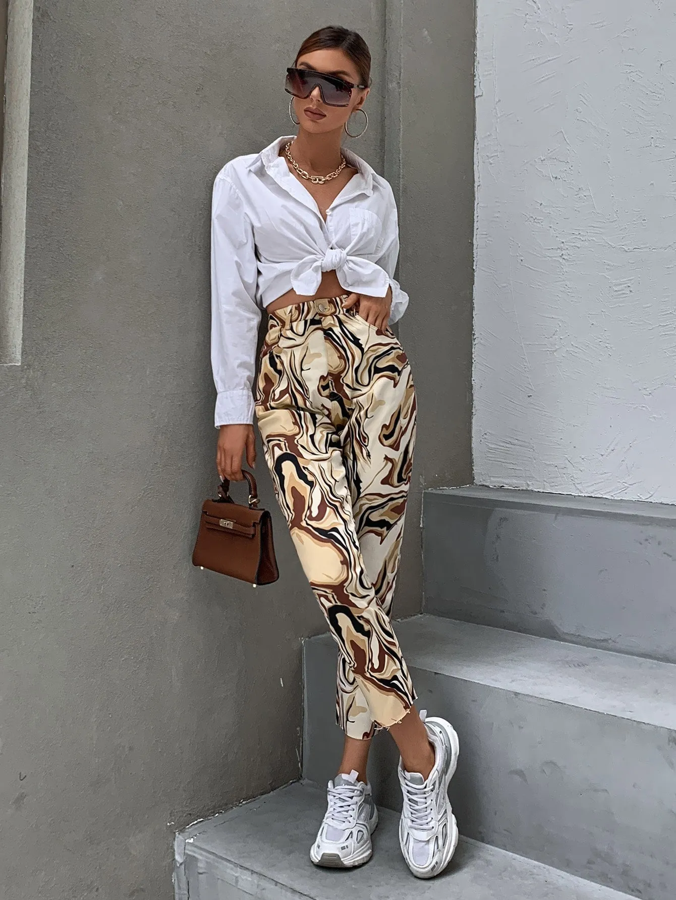 Casual Marble Button High Waist Cropped Women Pants