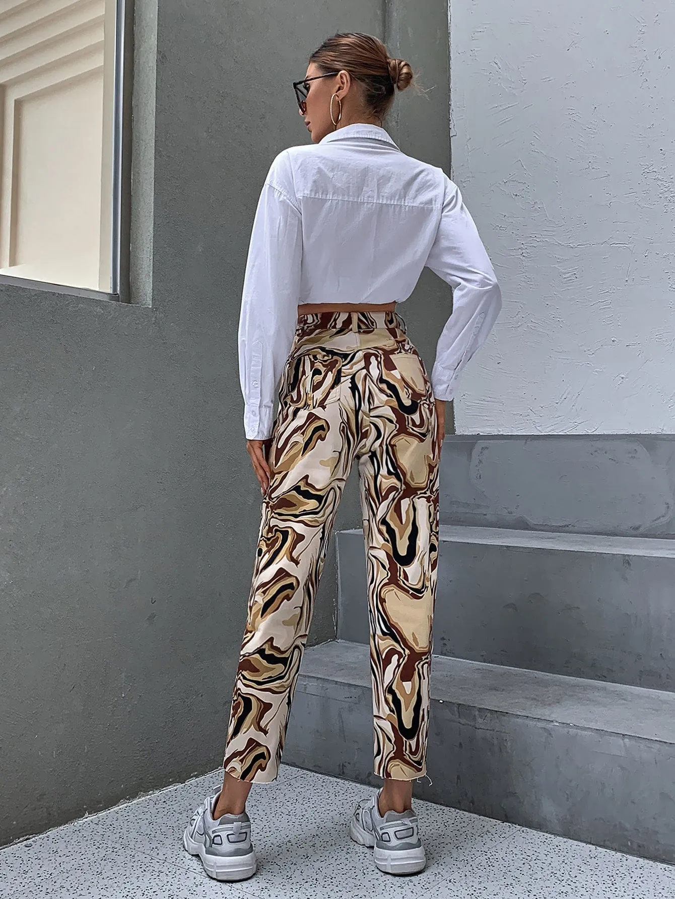 Casual Marble Button High Waist Cropped Women Pants