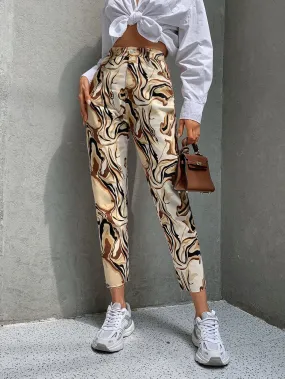 Casual Marble Button High Waist Cropped Women Pants