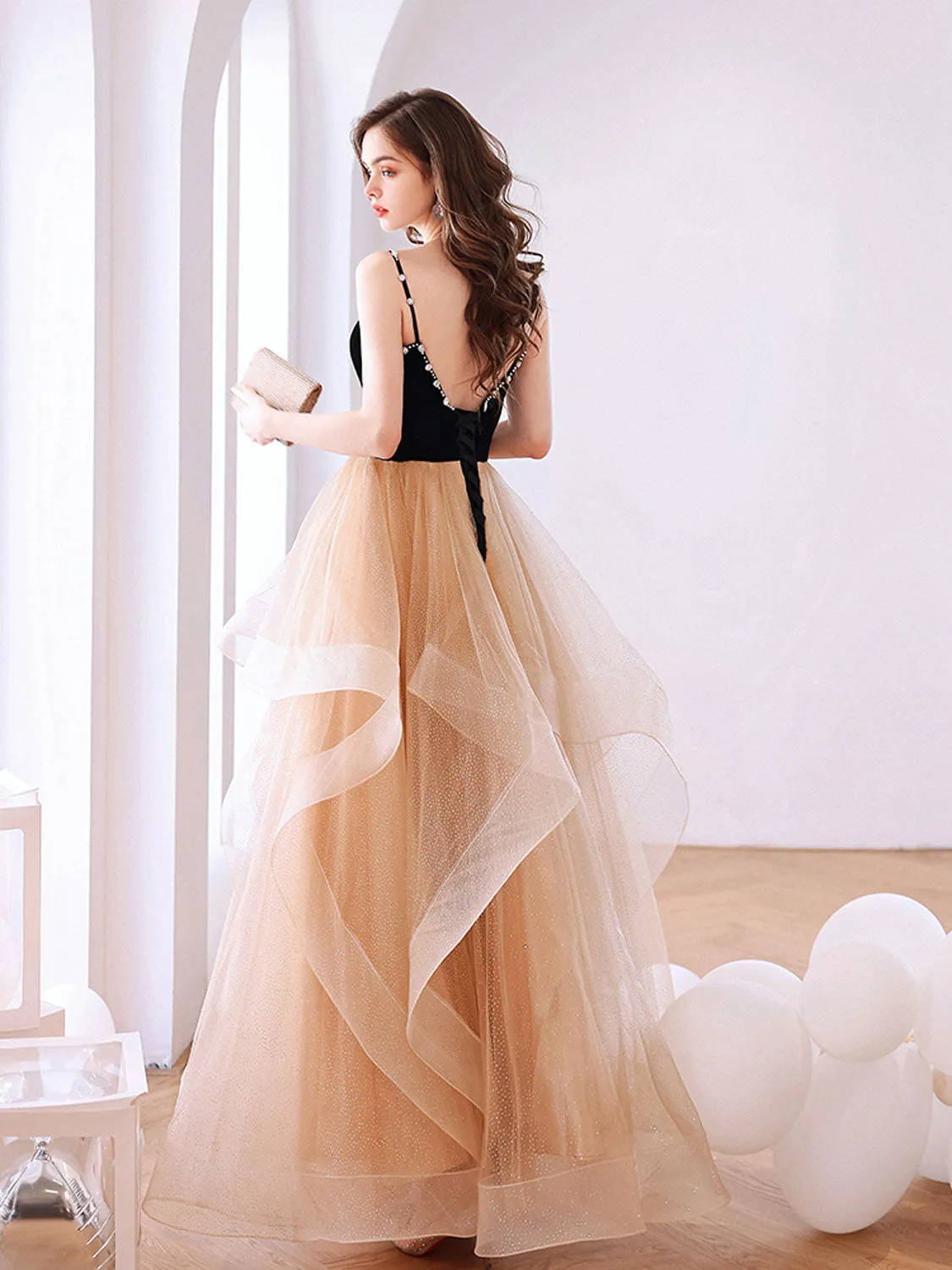 Champagne Tulle Long Prom Dresses, Champagne Tulle Formal Graduation Dresses