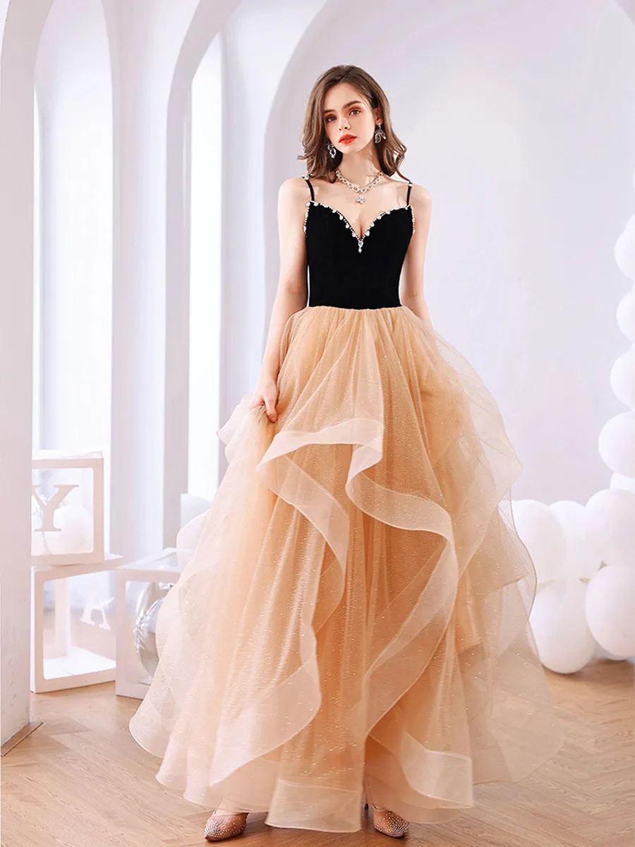 Champagne Tulle Long Prom Dresses, Champagne Tulle Formal Graduation Dresses