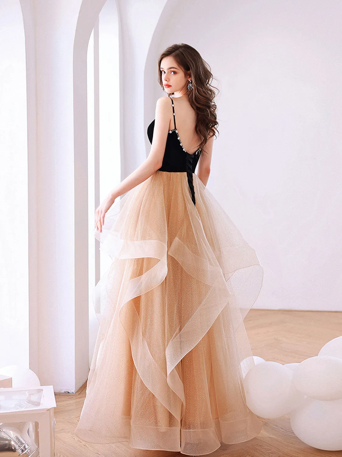 Champagne Tulle Long Prom Dresses, Champagne Tulle Formal Graduation Dresses