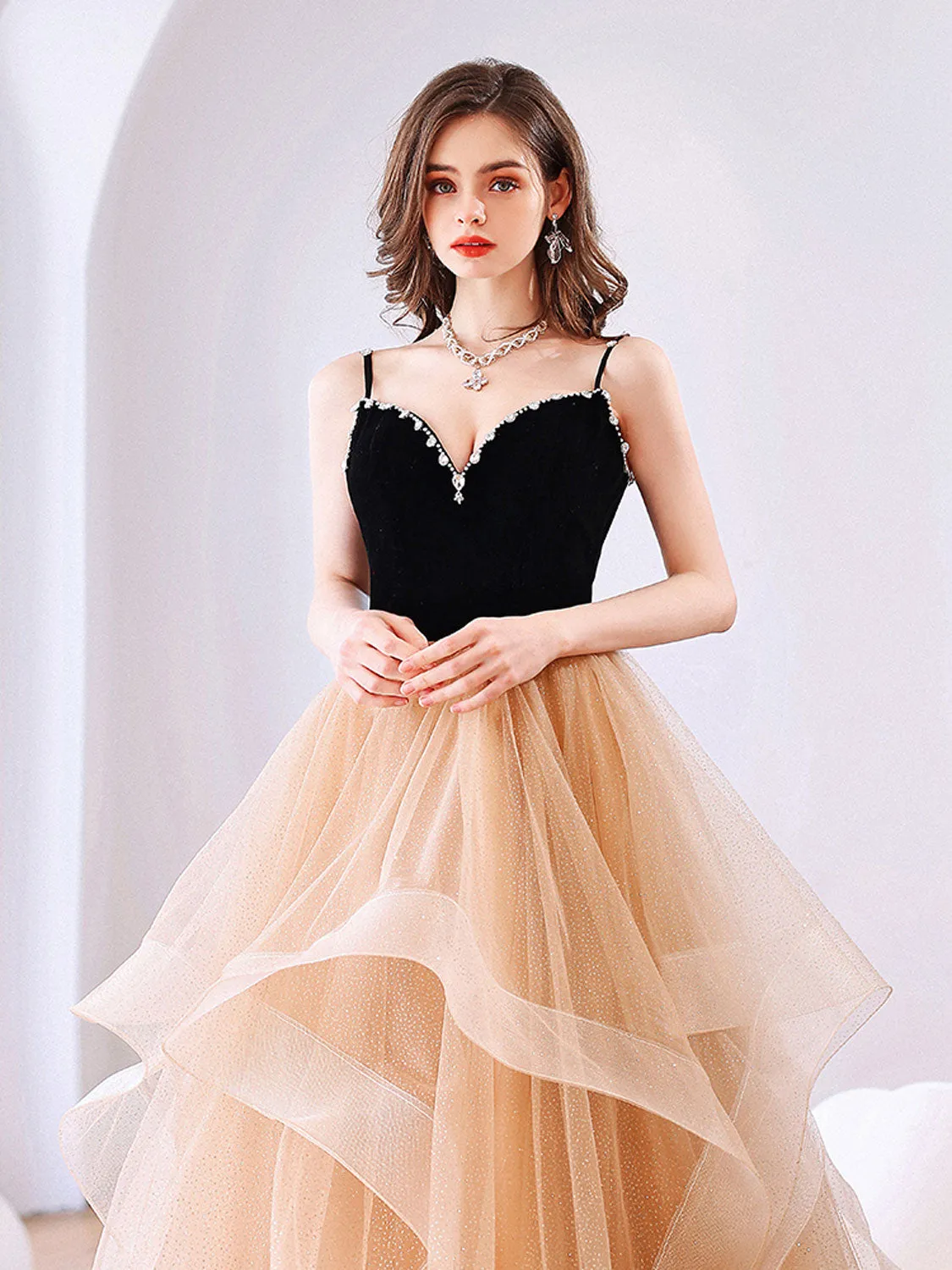 Champagne Tulle Long Prom Dresses, Champagne Tulle Formal Graduation Dresses