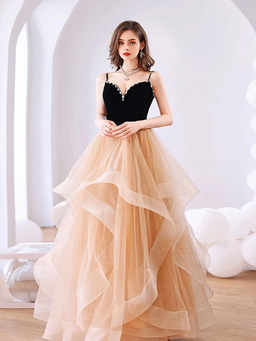 Champagne Tulle Long Prom Dresses, Champagne Tulle Formal Graduation Dresses